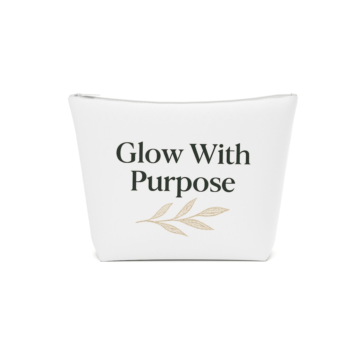 White pouch with 'Glow With Purpose' text and leaf design on a white background