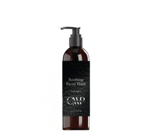 A bottle of Soothing Facial Wash for men with a pump dispenser, labeled with the brand GLOW & CO.