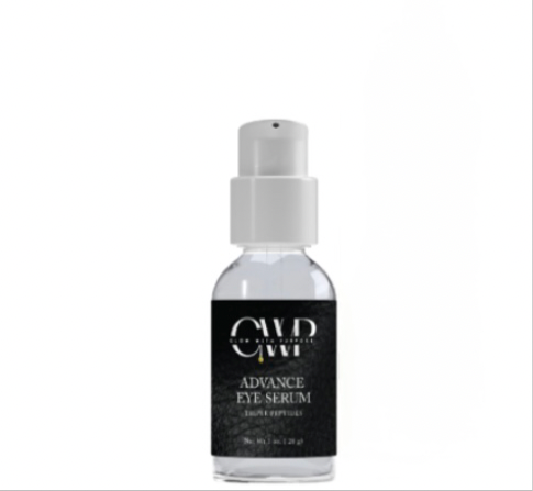 A bottle of 'Advance Eye Serum' by CWP with a white pump dispenser, labeled for anti-aging, placed on a table with a plant in the background.