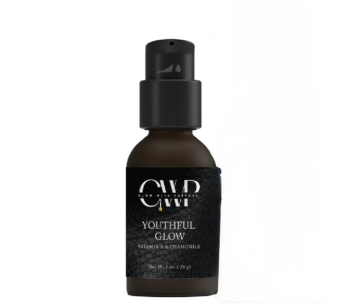 A bottle of Youthful Glow Wrinkle Serum with a dark label and a spray pump. The brand is GWP.