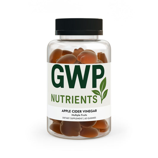 Bottle of GWP Nutrients Apple Cider Vinegar gummies on a white background