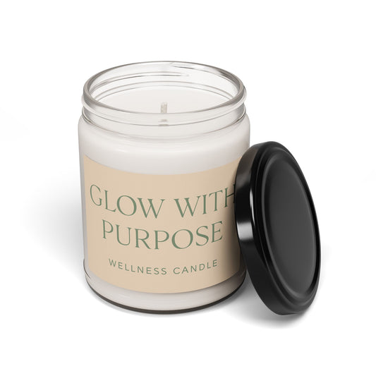 Wellness candle with 'Glow with Purpose' label on a white background