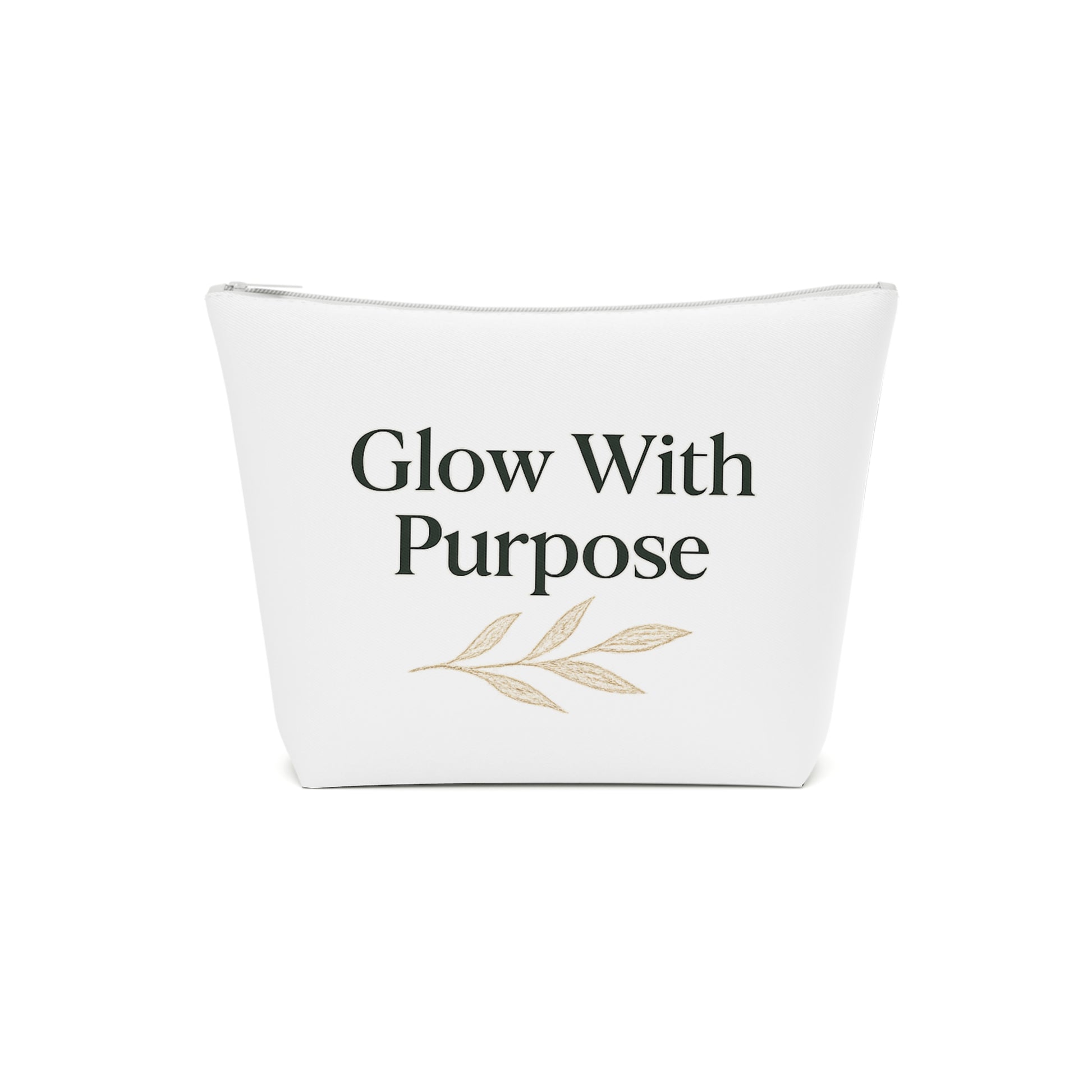 White pouch with 'Glow With Purpose' text and leaf design on a white background